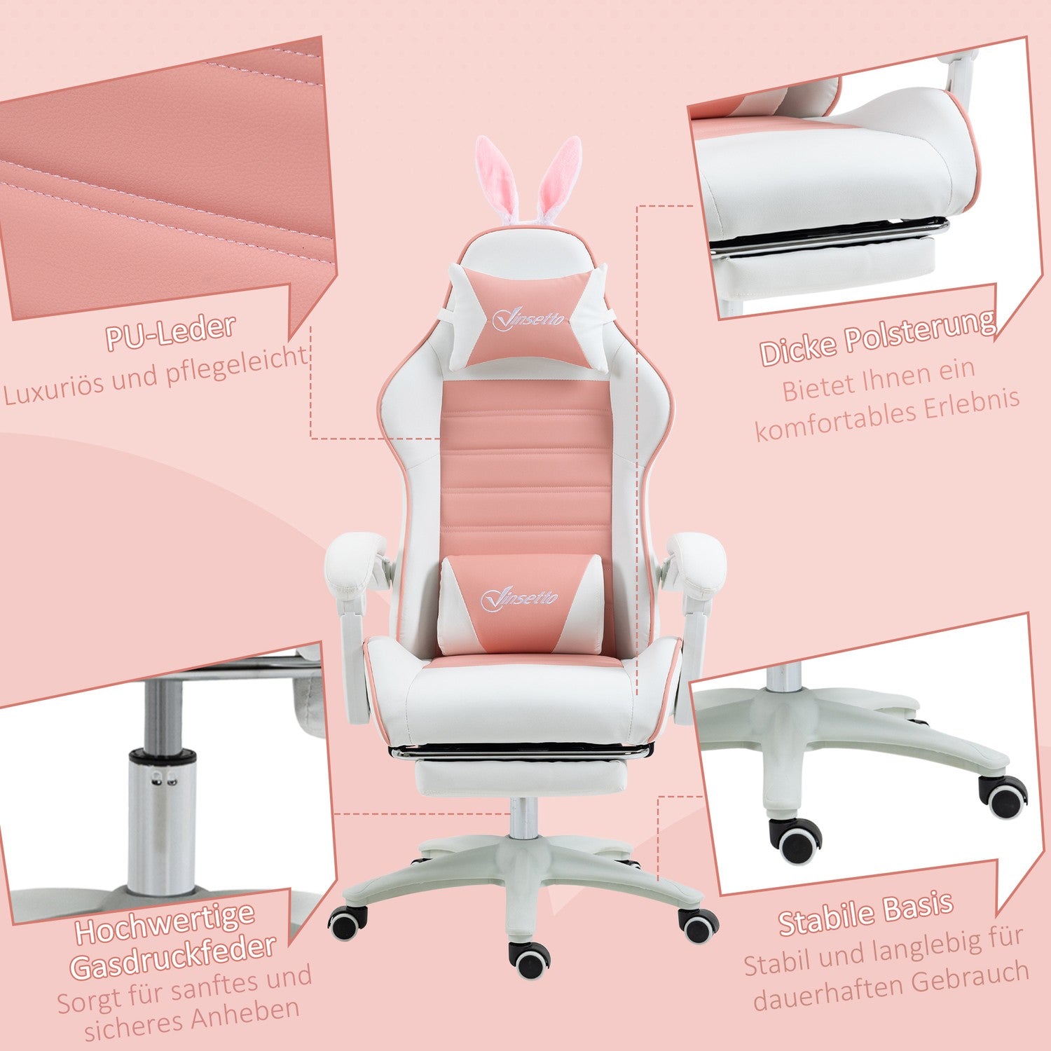 Rosa ergonomisk spelstol med svankstöd och fotstöd