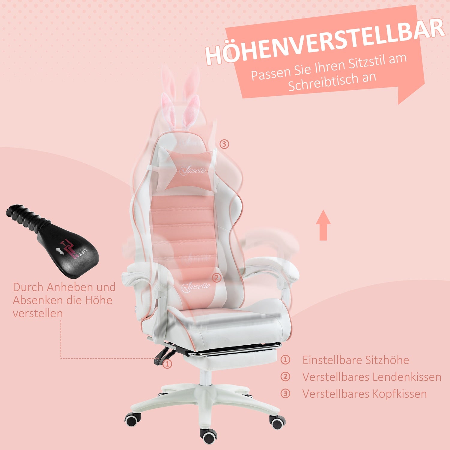 Rosa ergonomisk spelstol med svankstöd och fotstöd