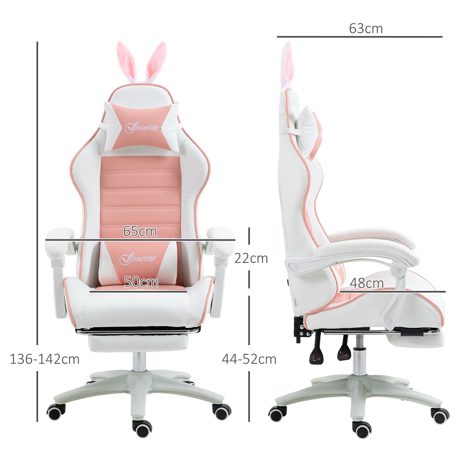 Rosa ergonomisk spelstol med svankstöd och fotstöd
