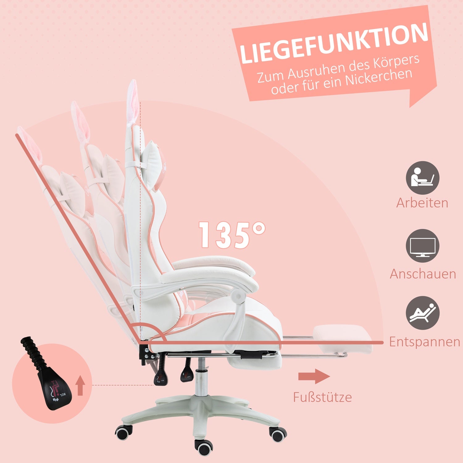 Rosa ergonomisk spelstol med svankstöd och fotstöd