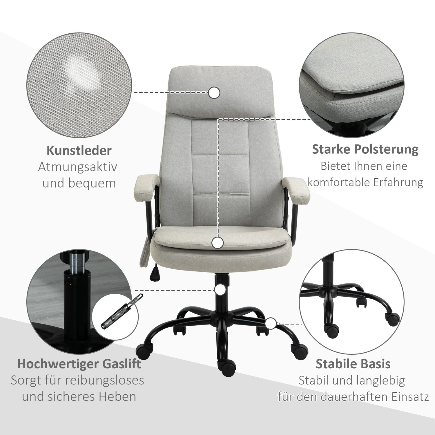 Gaming Kontorsstol, svankmassage, justerbart beige linne