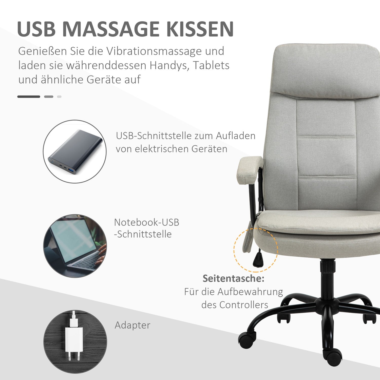 Gaming Kontorsstol, svankmassage, justerbart beige linne