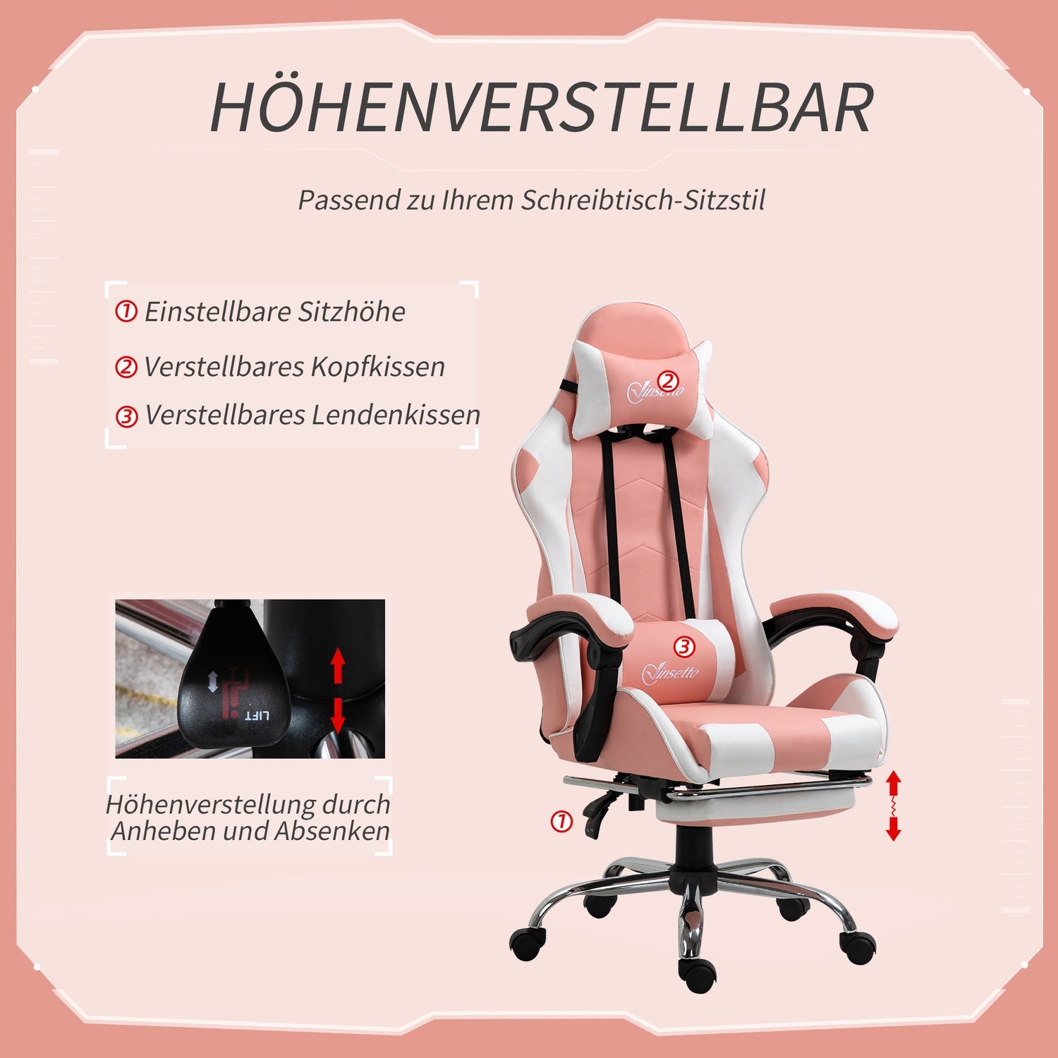 Ergonomisk rosa och vit spelstol med svankstöd