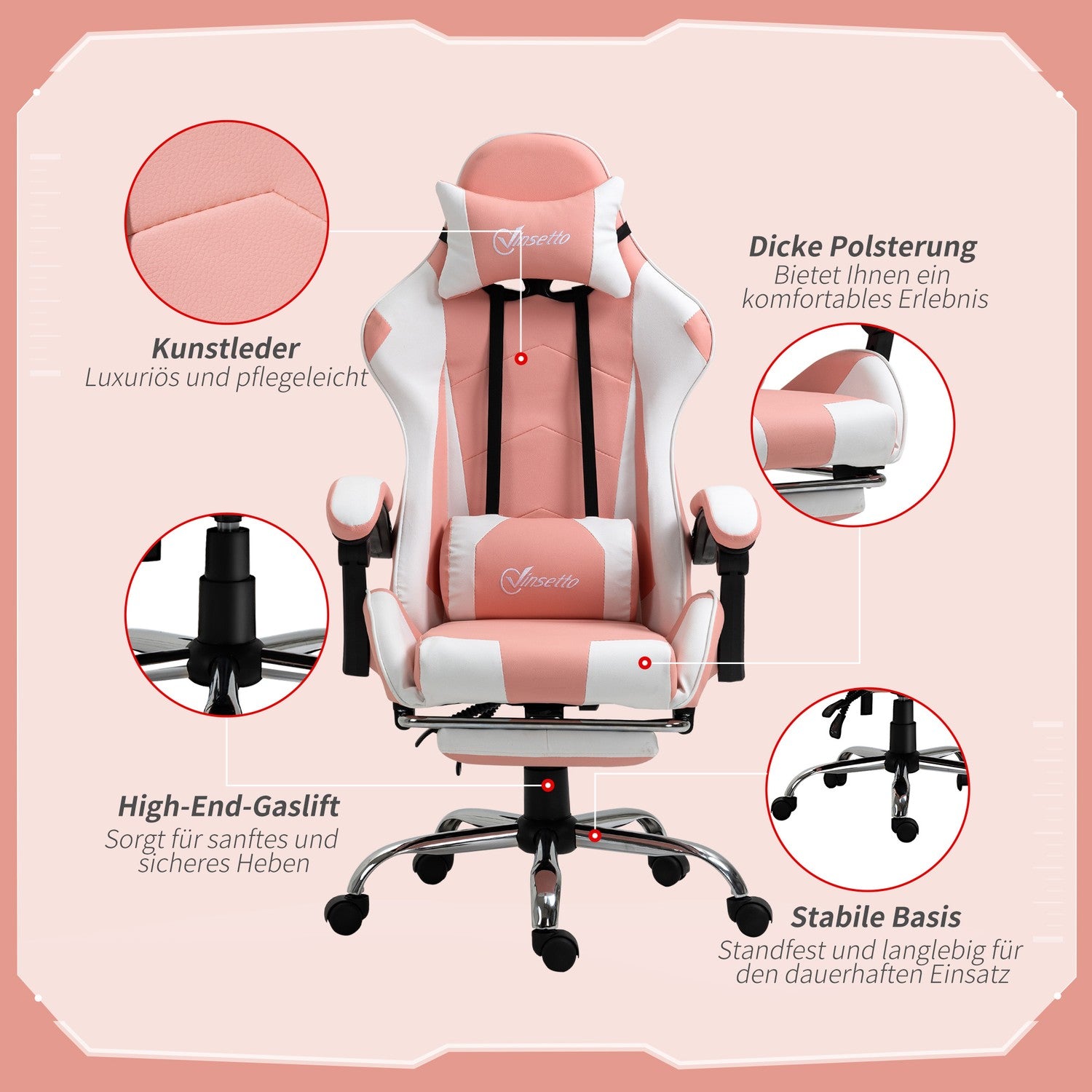 Ergonomisk rosa och vit spelstol med svankstöd