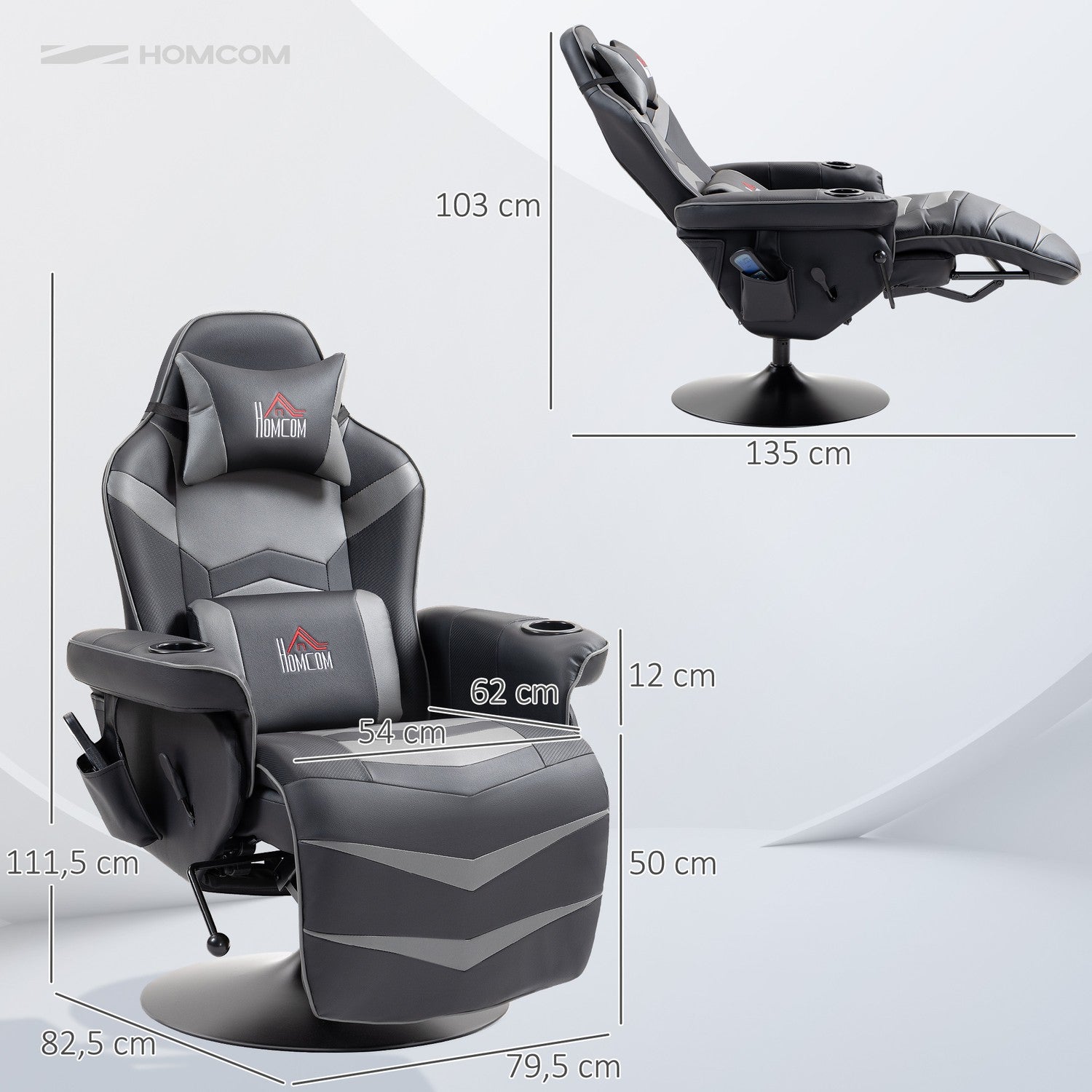 Gamingstol med fotstöd & massage, grått läder