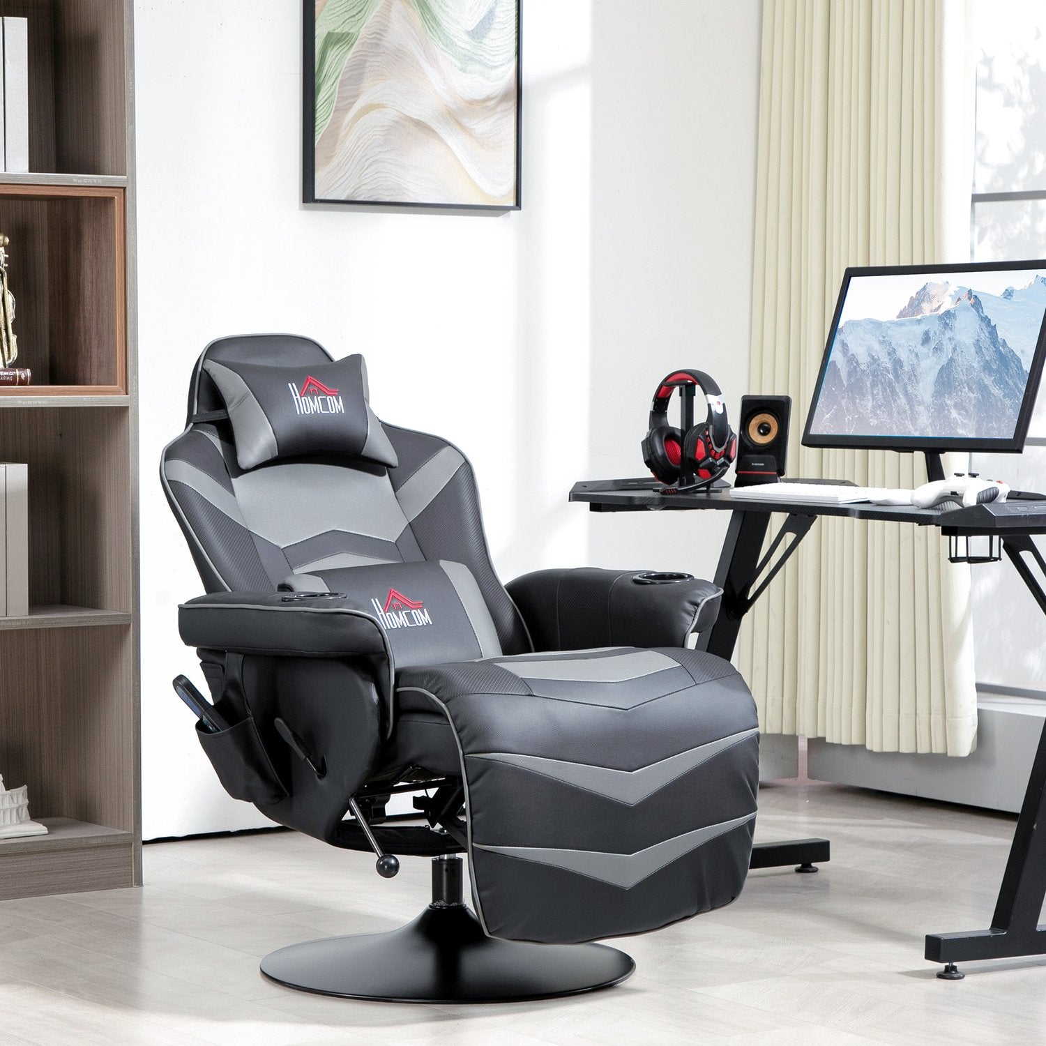 Gamingstol med fotstöd & massage, grått läder