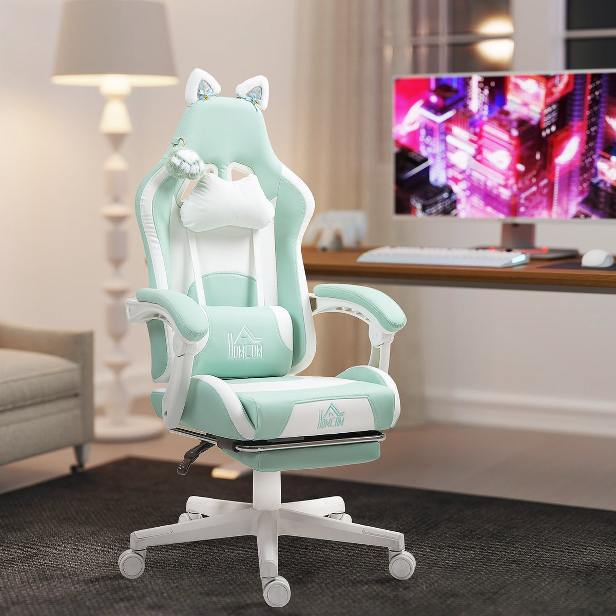 Gamingstol med kattöron, lutningsbar, fotstöd, 120 kg kapacitet
