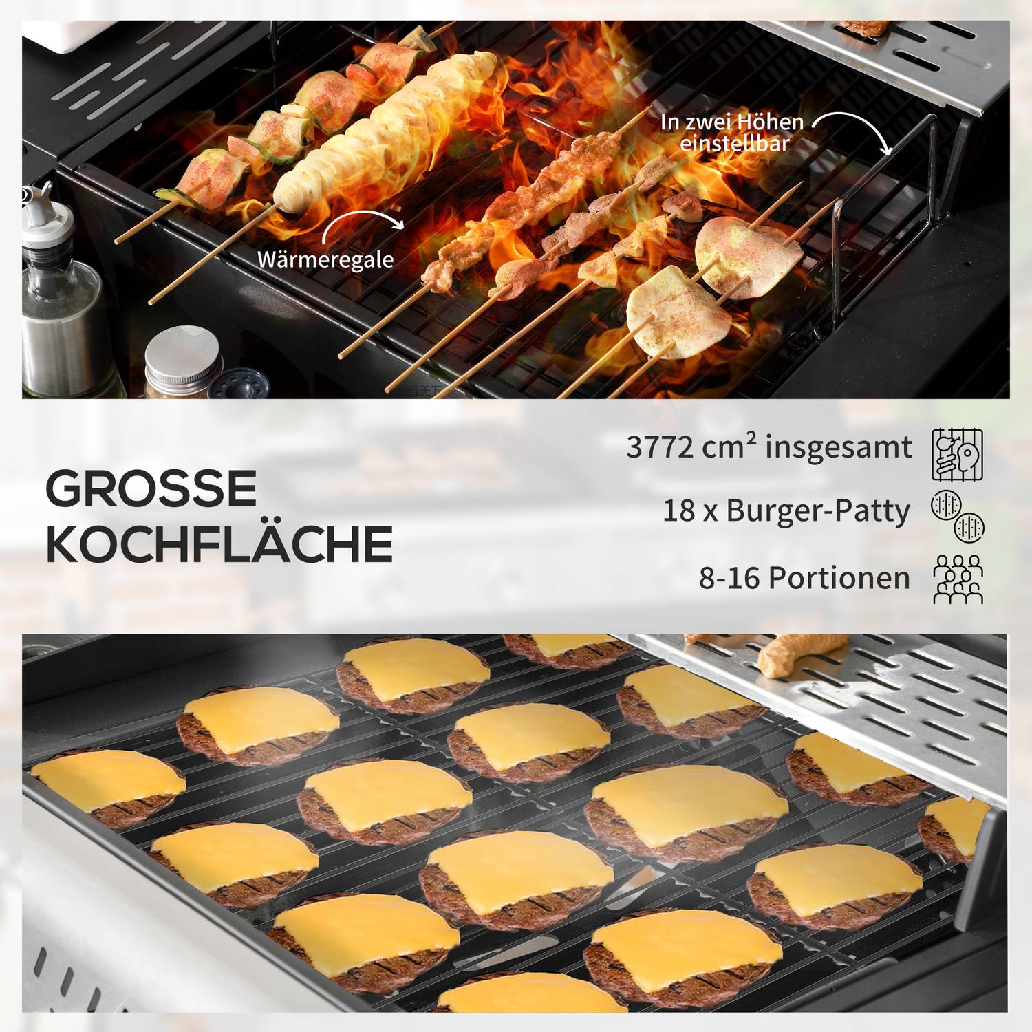 Gasgrillvagn med 3 brännare, termometer, hyllor