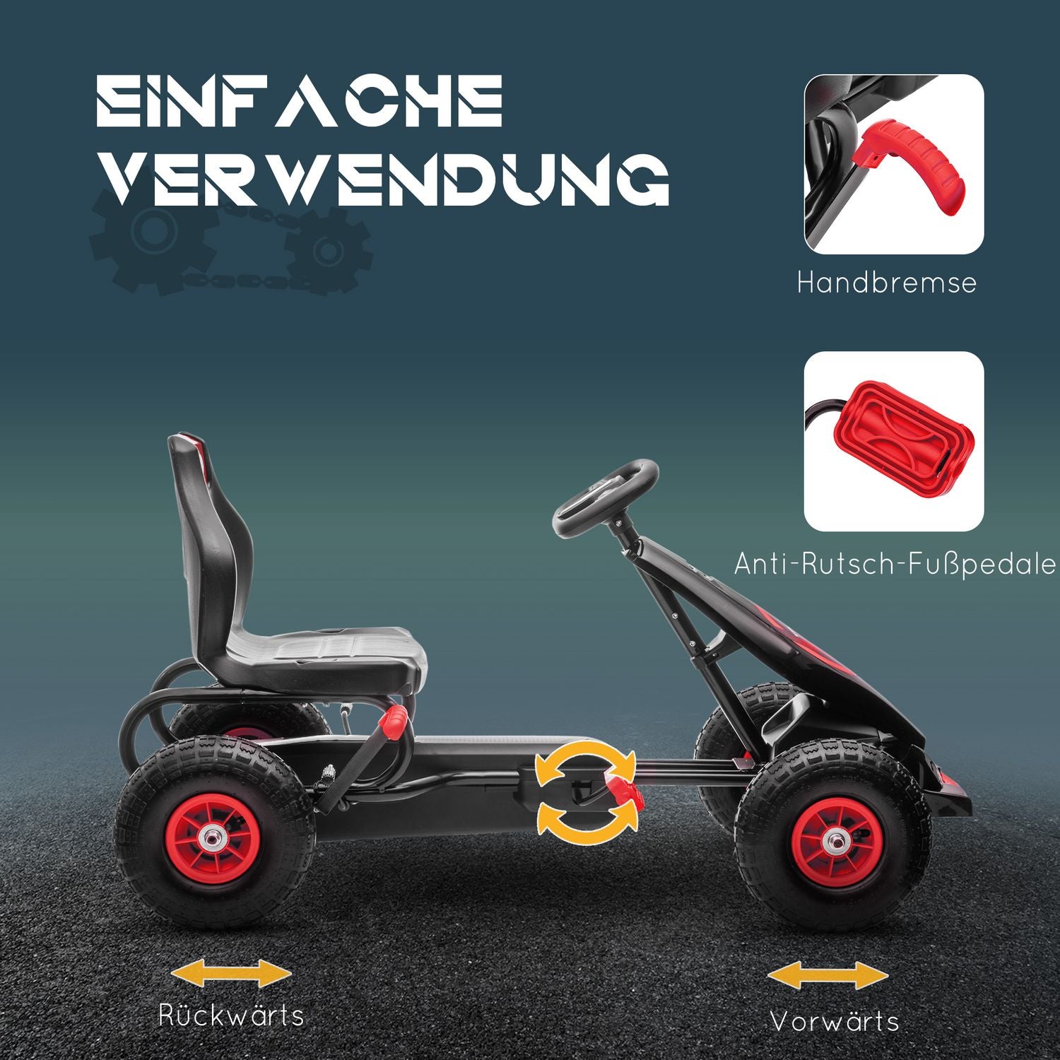 Pedal Go-Kart för barn, justerbar sits, gummidäck