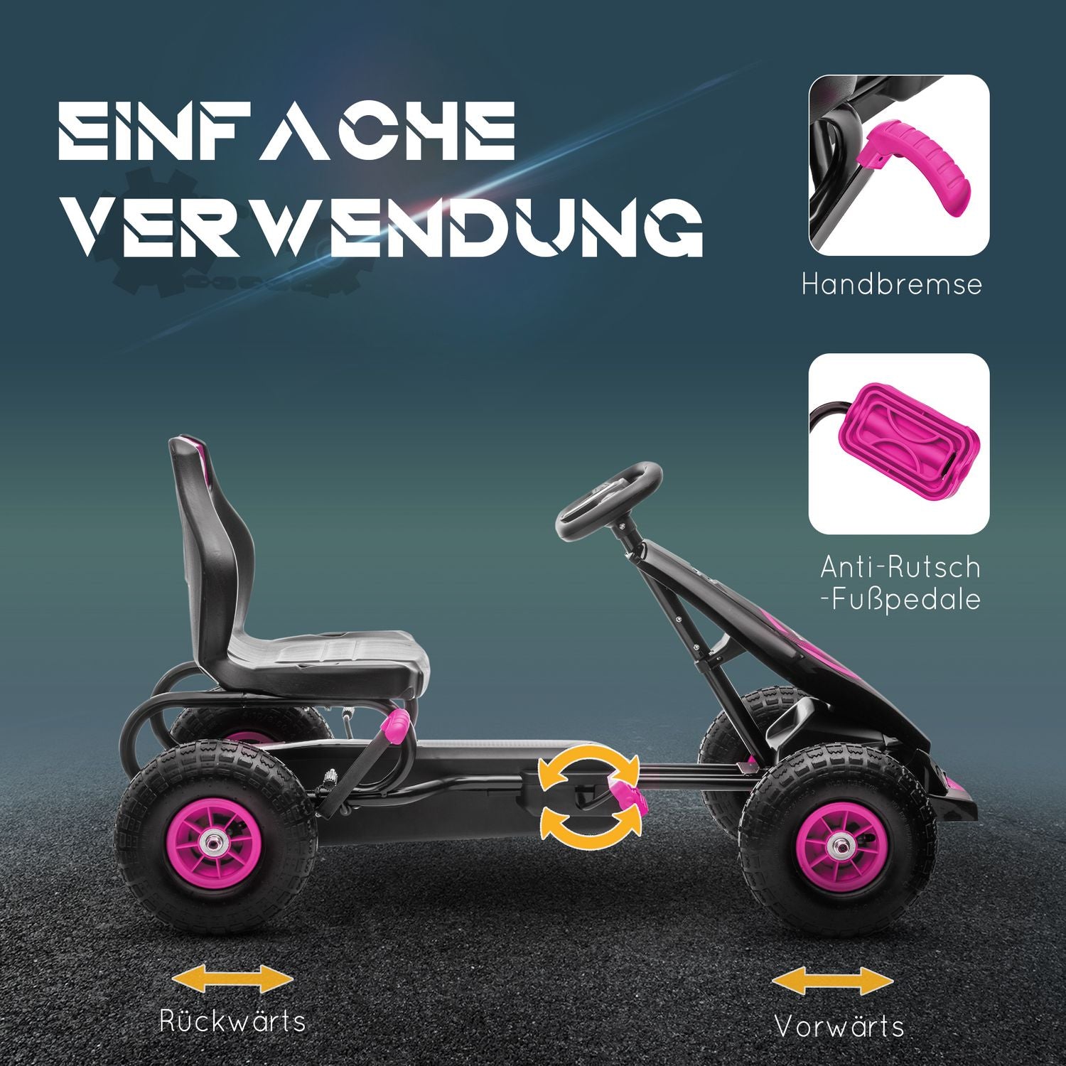 Gokart för barn med justerbar sits och handbroms, rosa