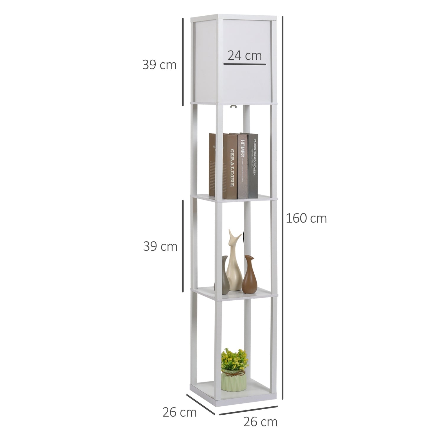 Golvlampa med 3 hyllor, E27 sockel, vit, 26x160cm