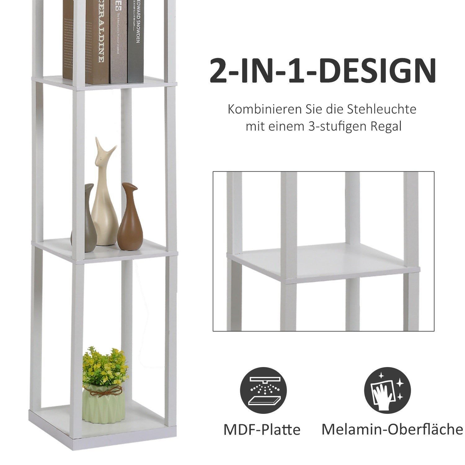 Golvlampa med 3 hyllor, E27 sockel, vit, 26x160cm