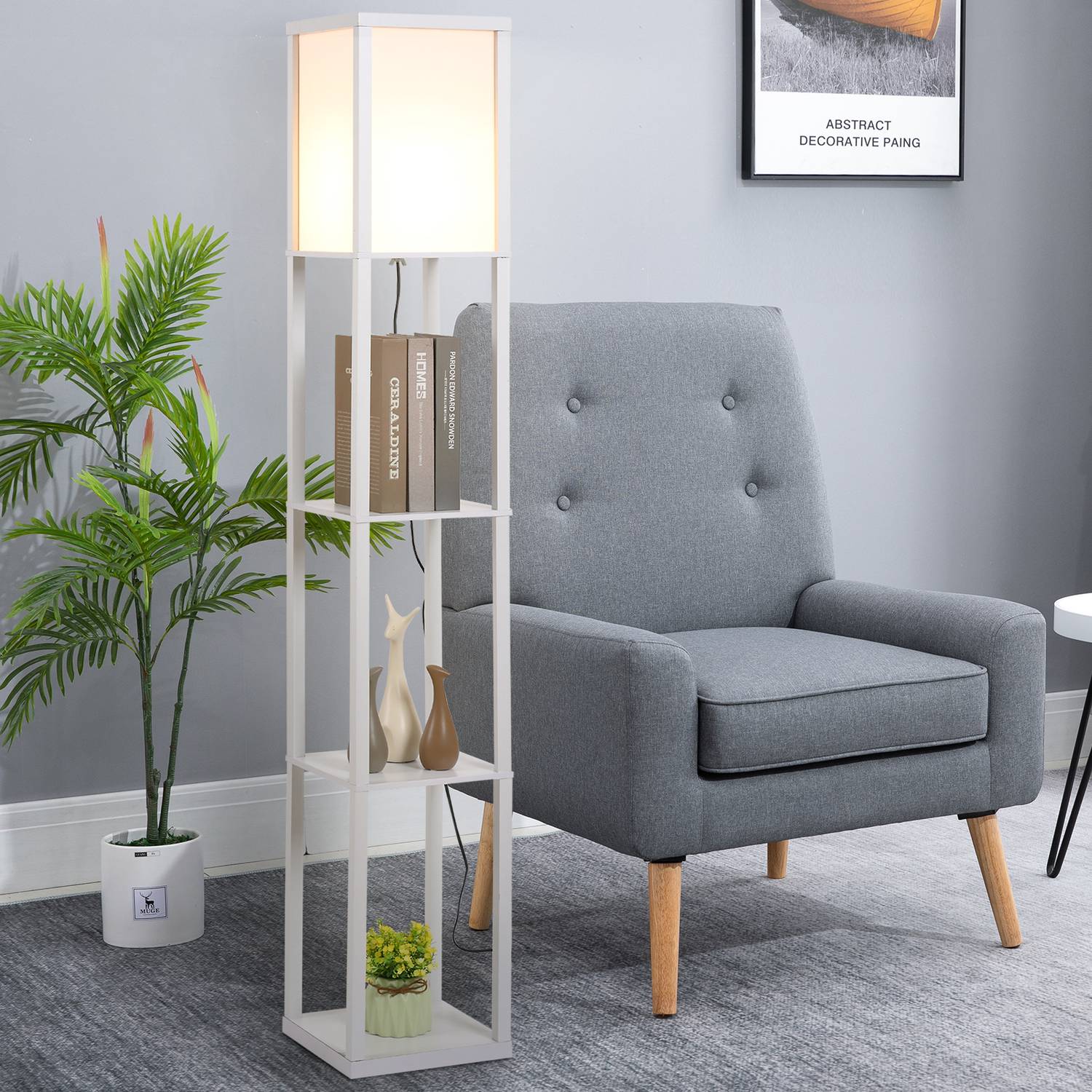 Golvlampa med 3 hyllor, E27 sockel, vit, 26x160cm