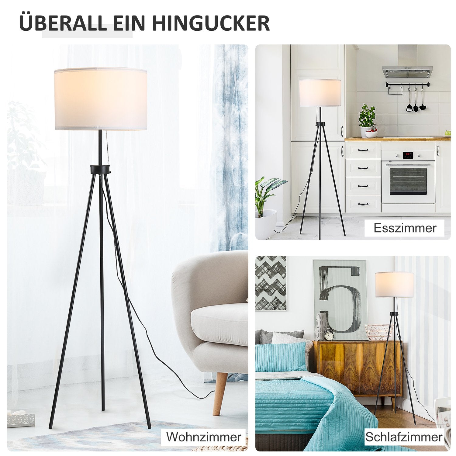 Modern svart & vit golvlampa E27, stål & polyester