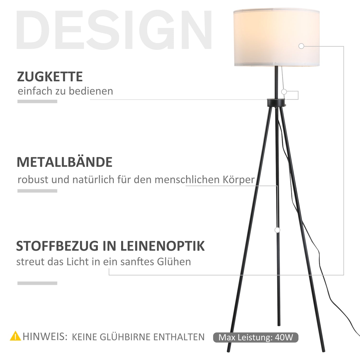 Modern svart & vit golvlampa E27, stål & polyester