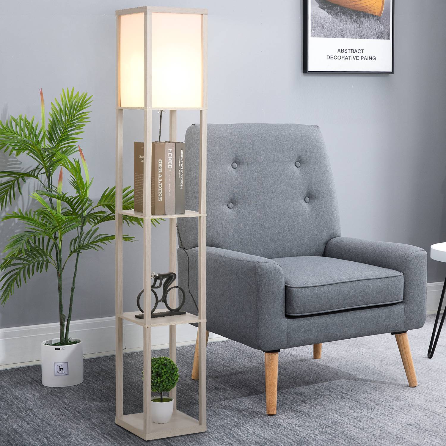Golvlampa med hyllor – Ek och Vit, E27 40W, 160cm