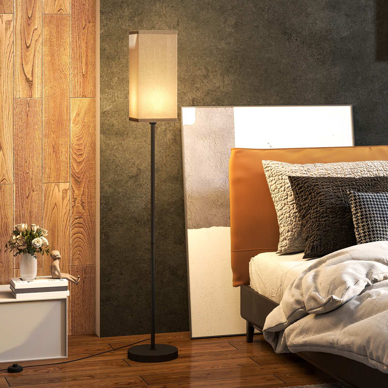 Modern svart golvlampa med linne-look skärm, fotkontakt
