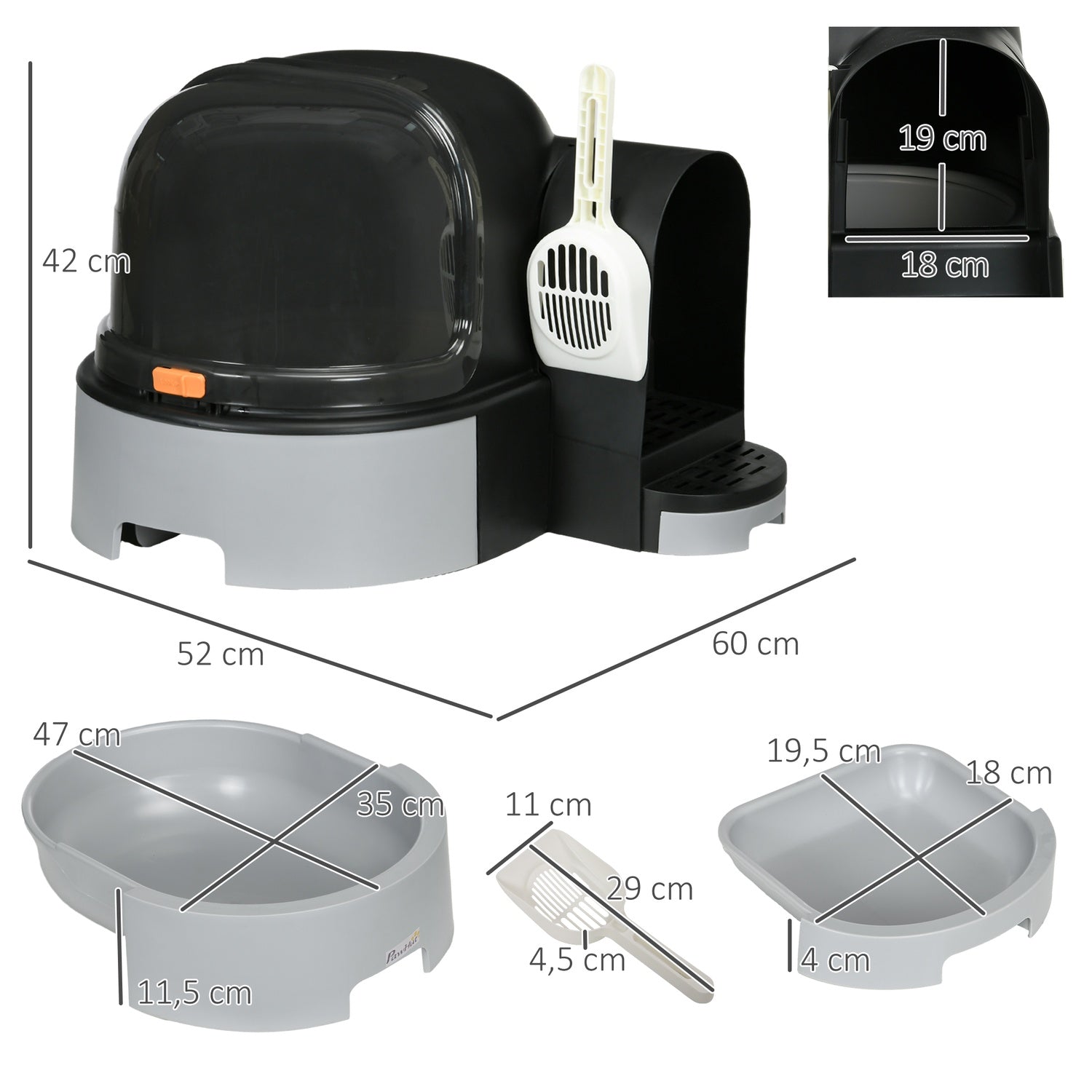 Grey Cat House: Toalett med huva och dubbla brickor, passar upp till 4 kg