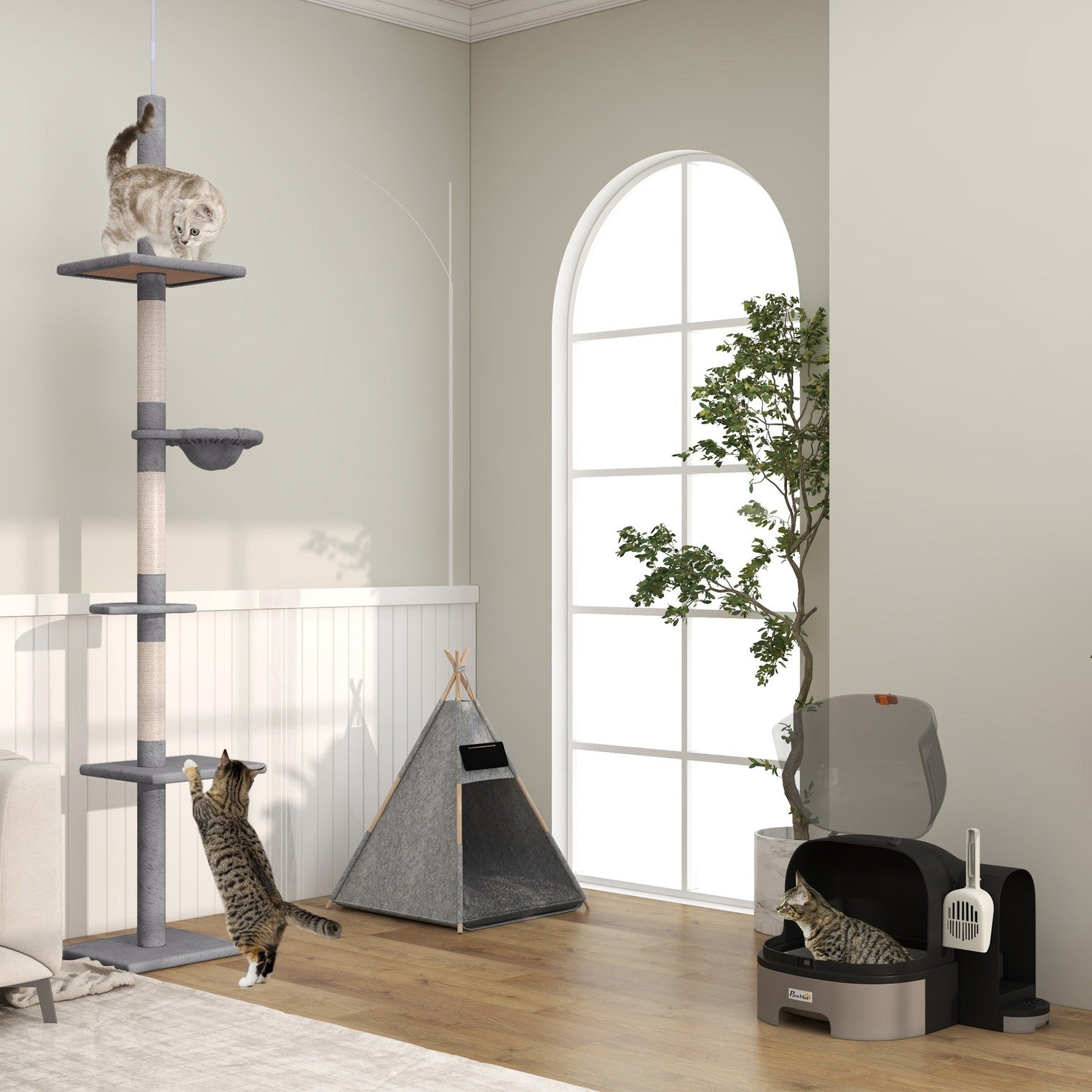 Grey Cat House: Toalett med huva och dubbla brickor, passar upp till 4 kg