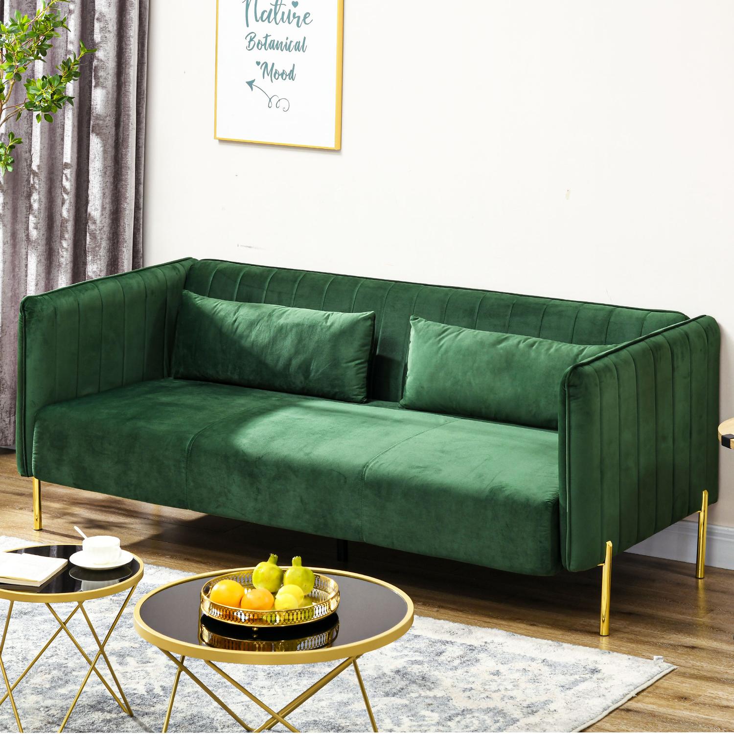 Grön 3-sits soffa i sammetslook med armstöd, 200 Cm