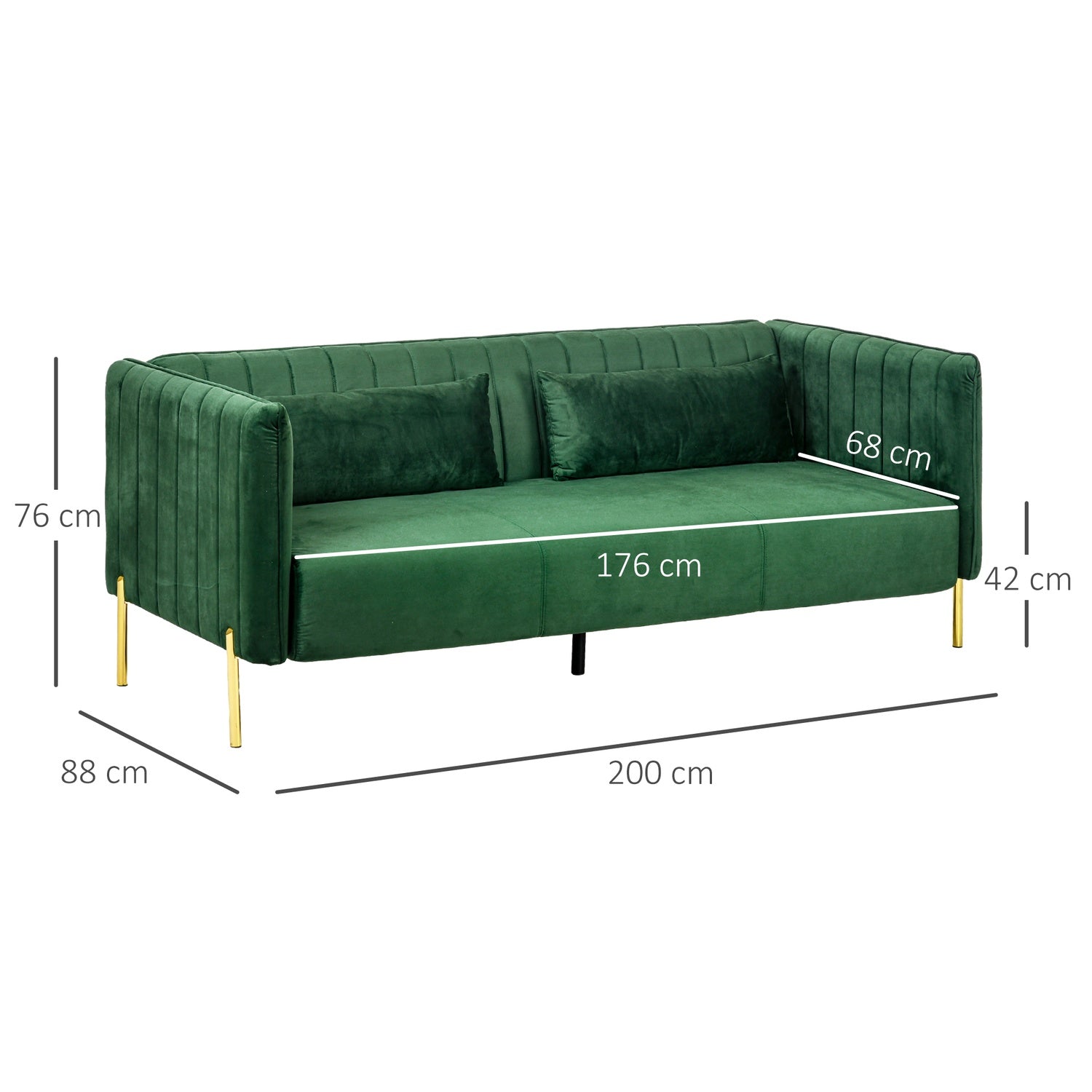 Grön 3-sits soffa i sammetslook med armstöd, 200 Cm