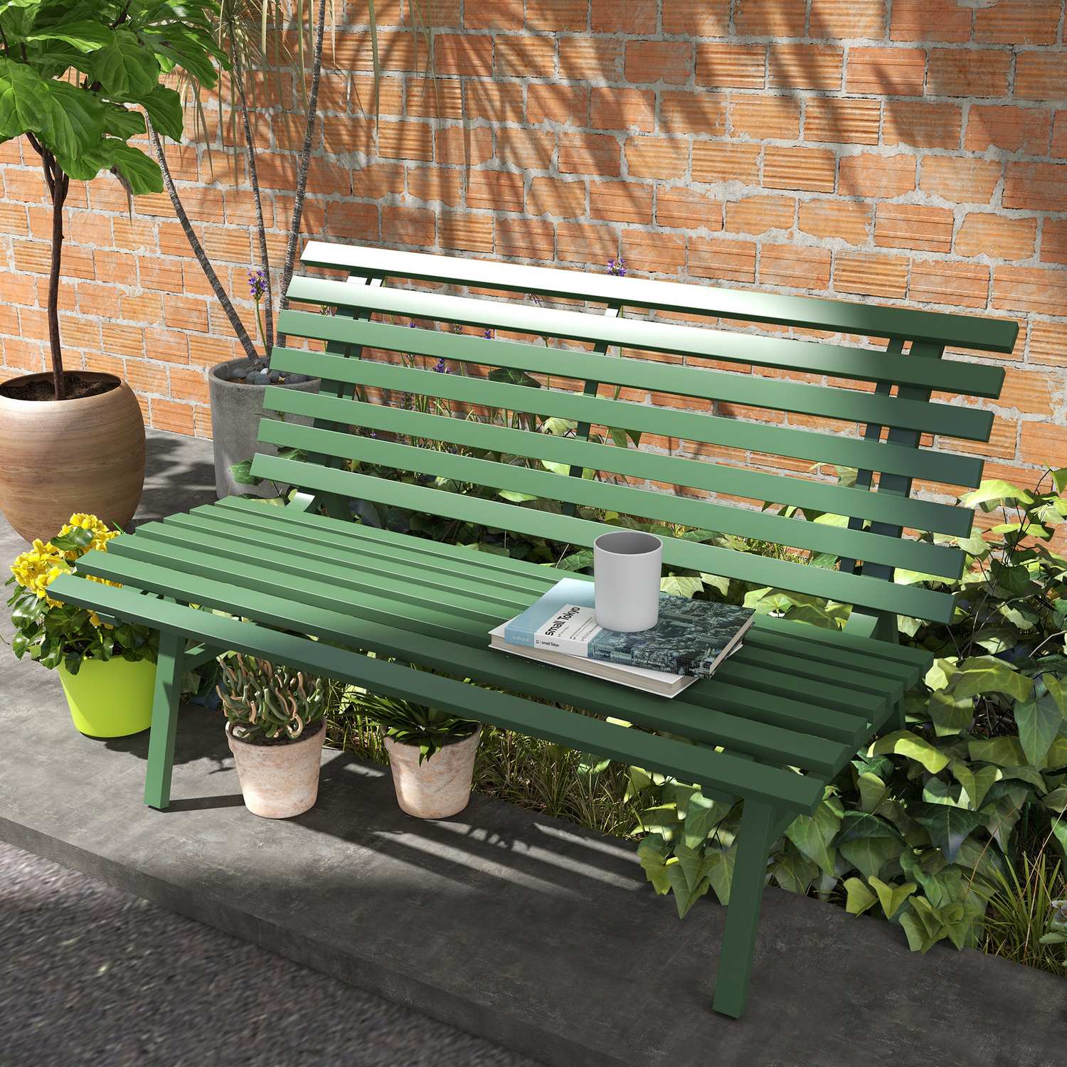 Grön aluminium parkbänk – 2-sits med ryggstöd