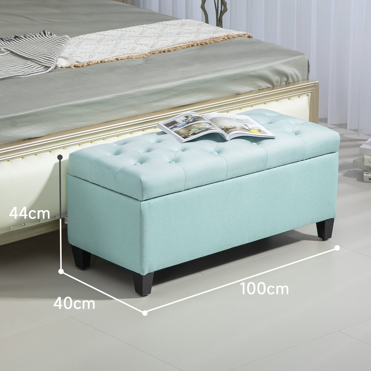 Grön stoppad förvaringsbänk – 100 x 40 x 44 cm