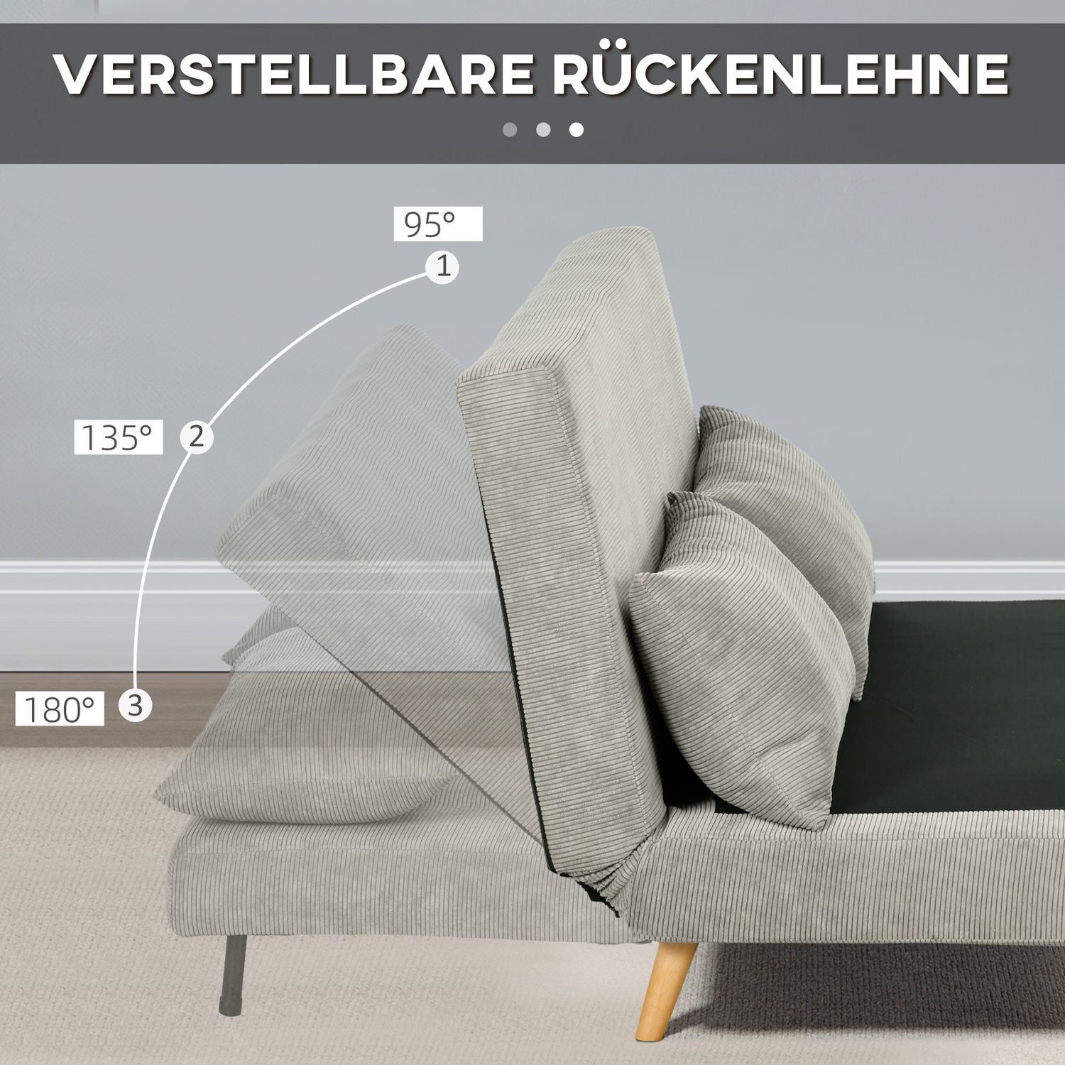 Grå sammetsbäddsoffa med justerbart ryggstöd, 141cm
