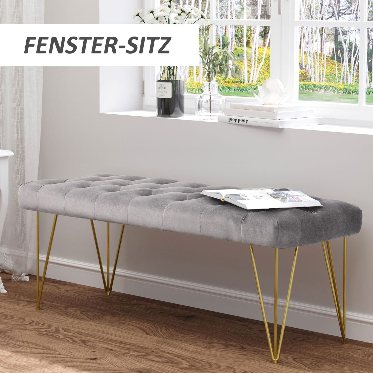 Grå sammetsskobänk – 116x44,5x49 cm, förvaring i entré