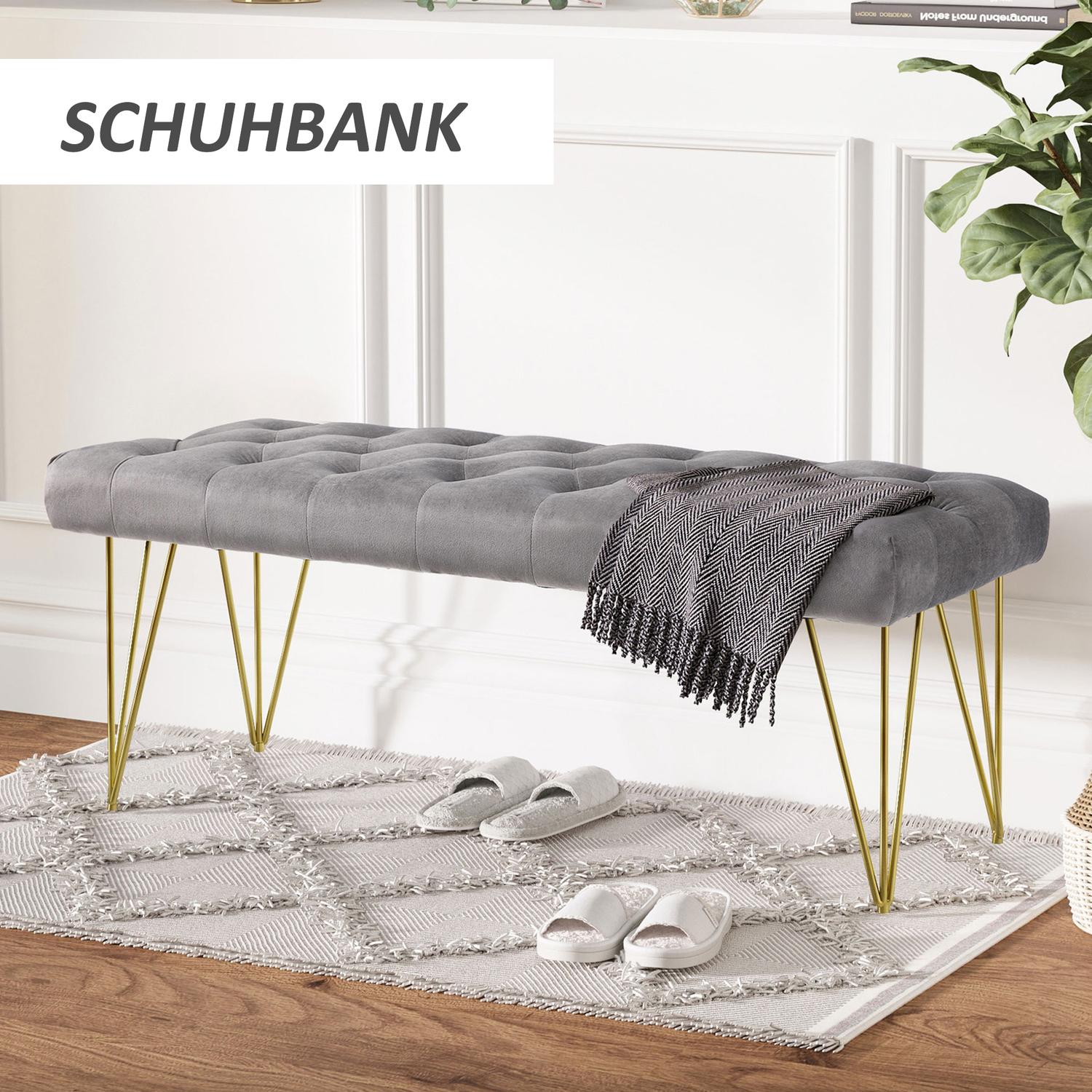 Grå sammetsskobänk – 116x44,5x49 cm, förvaring i entré