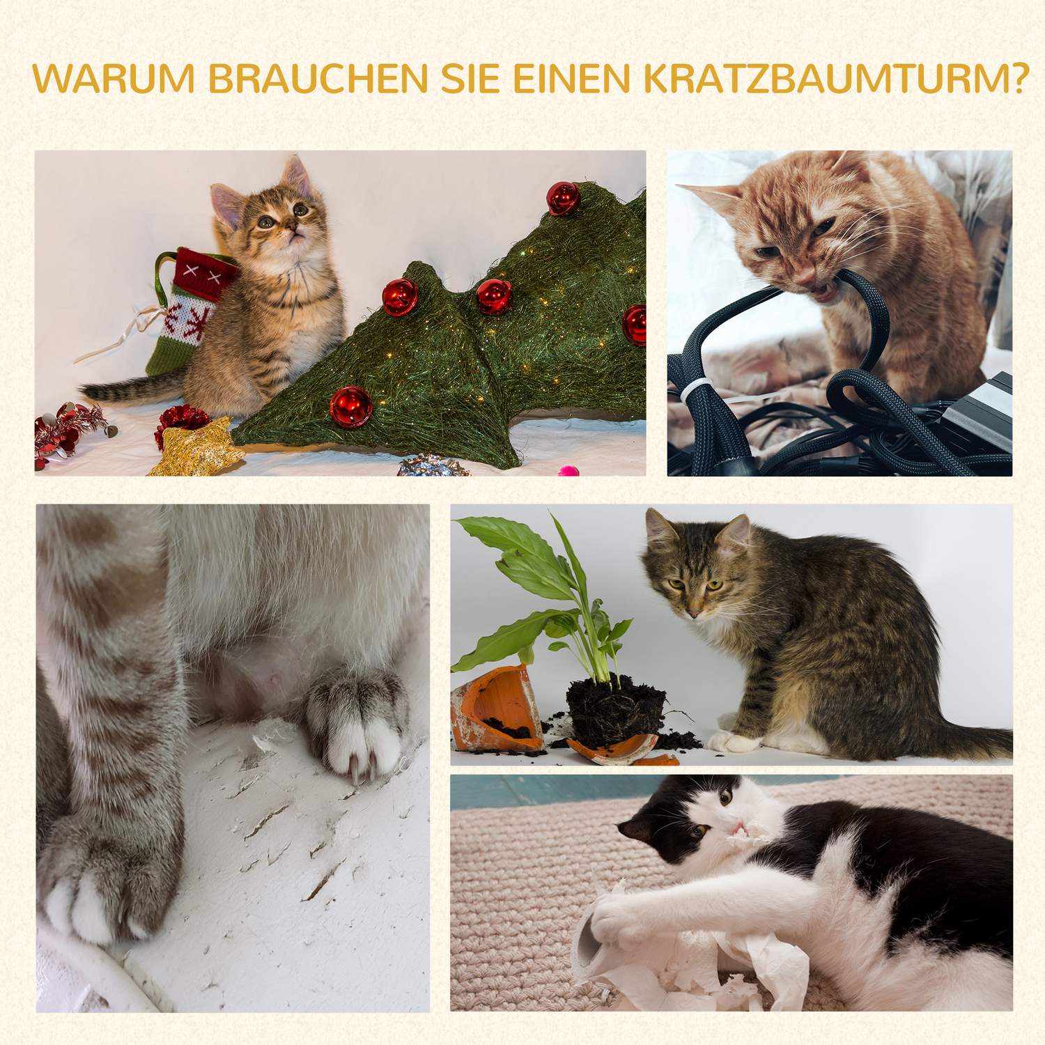 Grått kattträd med skrapstolpe, klättertorn och hängmatta