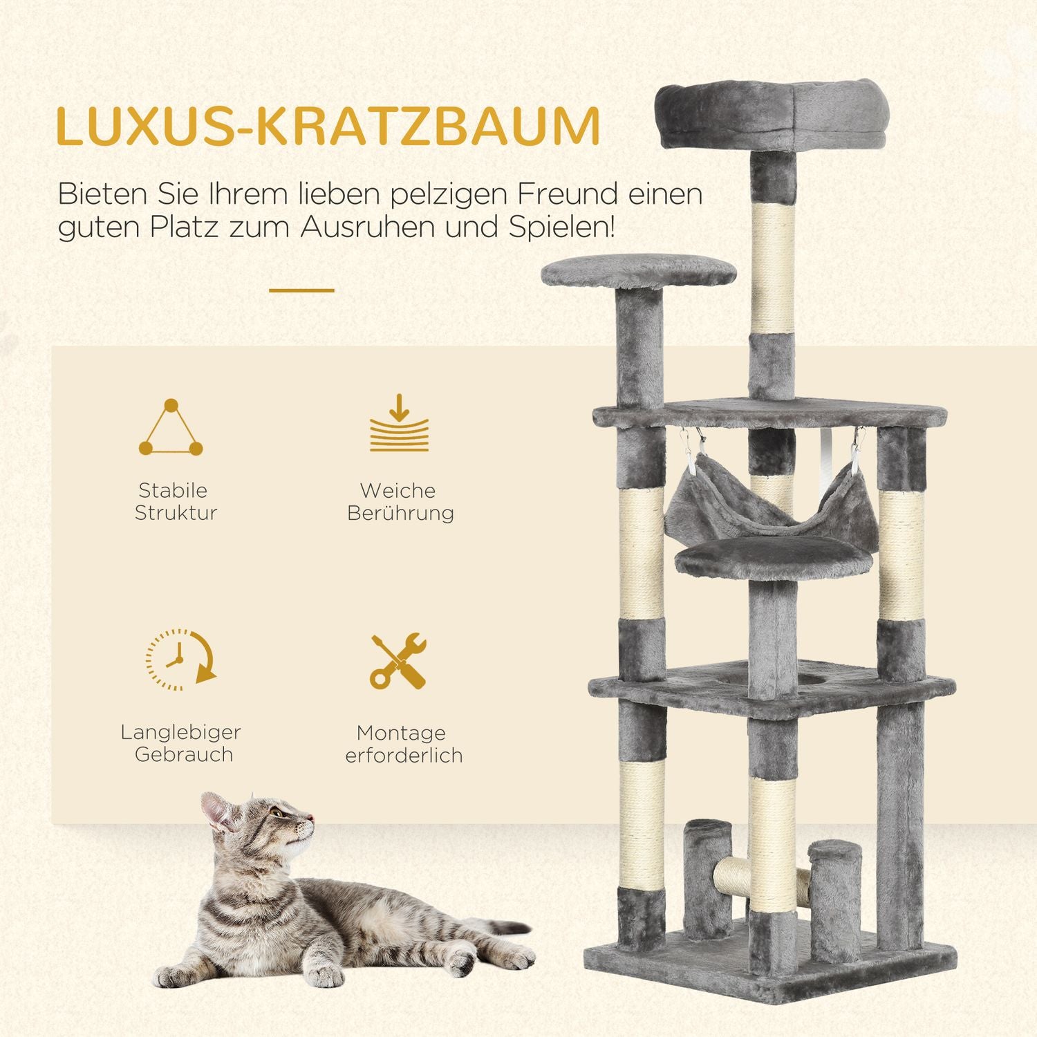 Grått kattträd med skrapstolpe, klättertorn och hängmatta