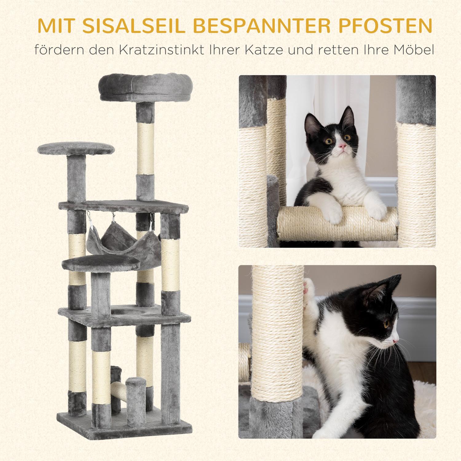 Grått kattträd med skrapstolpe, klättertorn och hängmatta