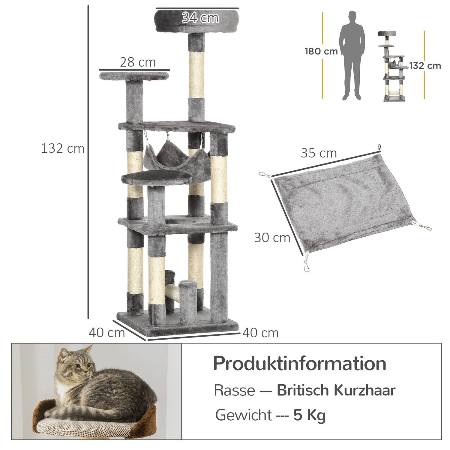 Grått kattträd med skrapstolpe, klättertorn och hängmatta