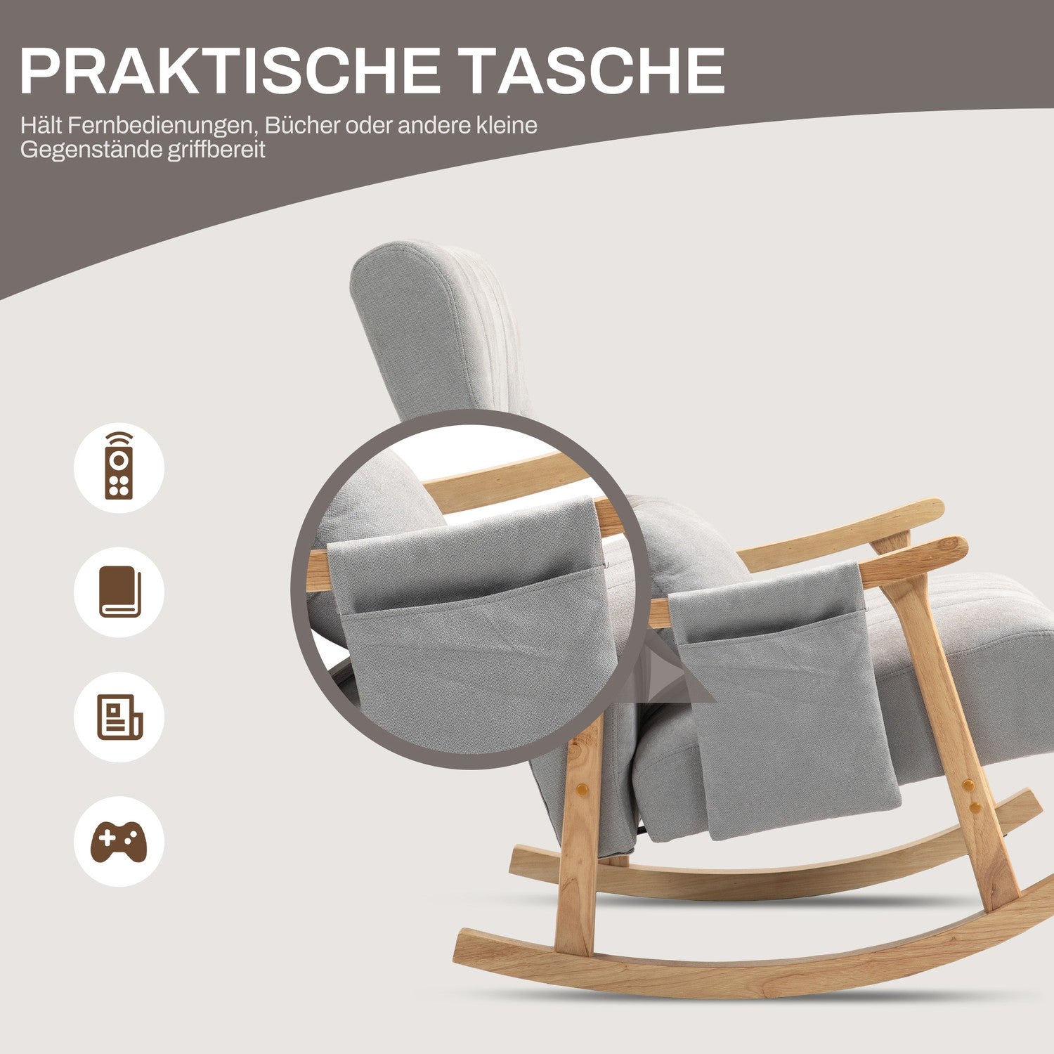 Grå vadderad gungstol med svankstöd och sidoficka