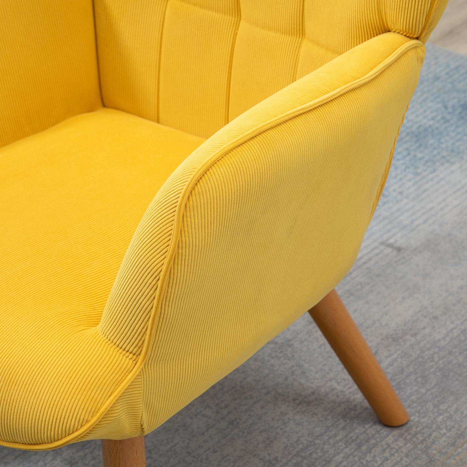 Gul Corduroy Wing Chair med pall – Wooden Legs Fåtölj
