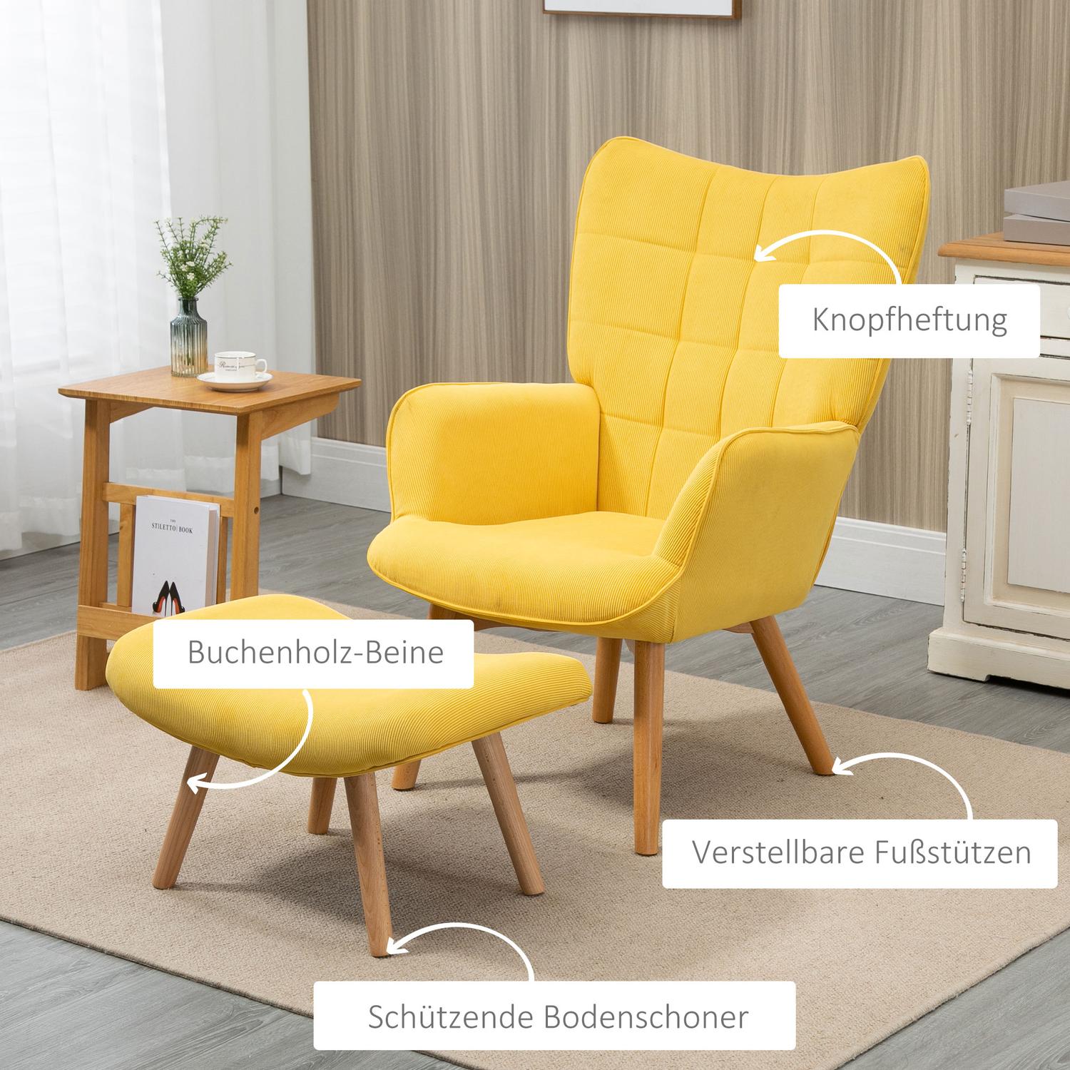 Gul Corduroy Wing Chair med pall – Wooden Legs Fåtölj