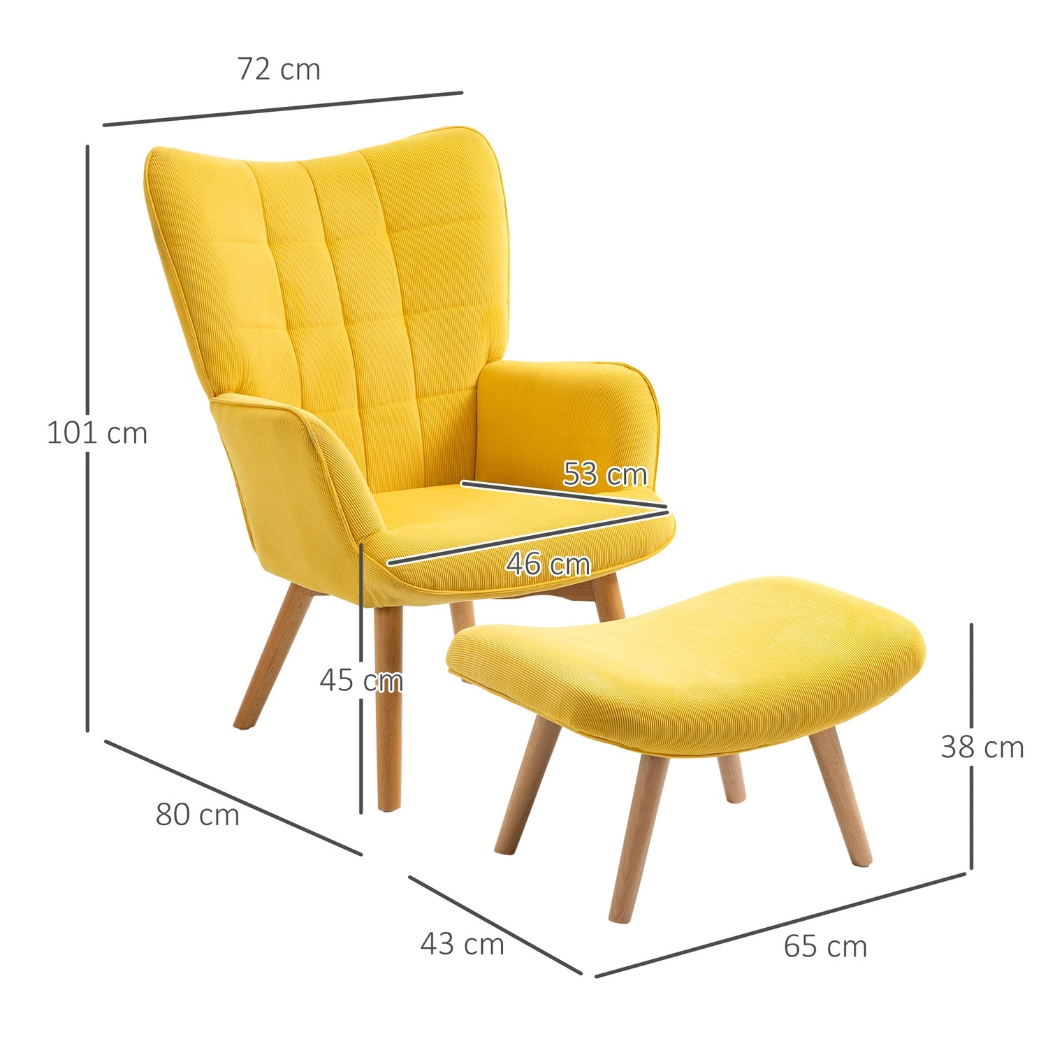 Gul Corduroy Wing Chair med pall – Wooden Legs Fåtölj