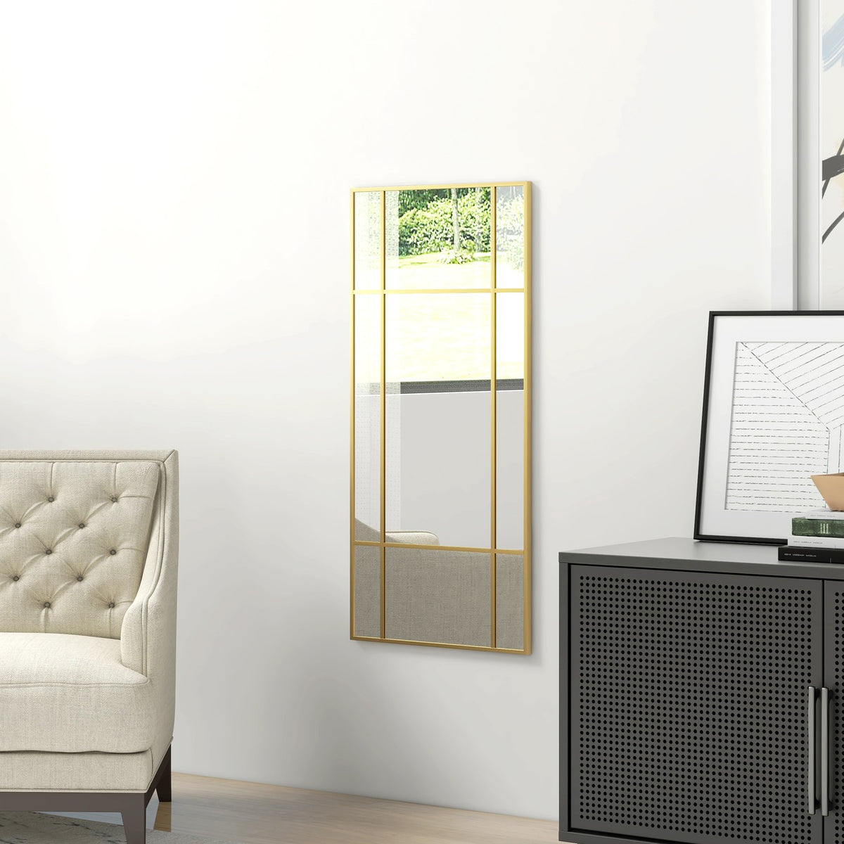 Zlaté obdélníkové nástěnné zrcadlo, 110 x 50 cm, kovový rám