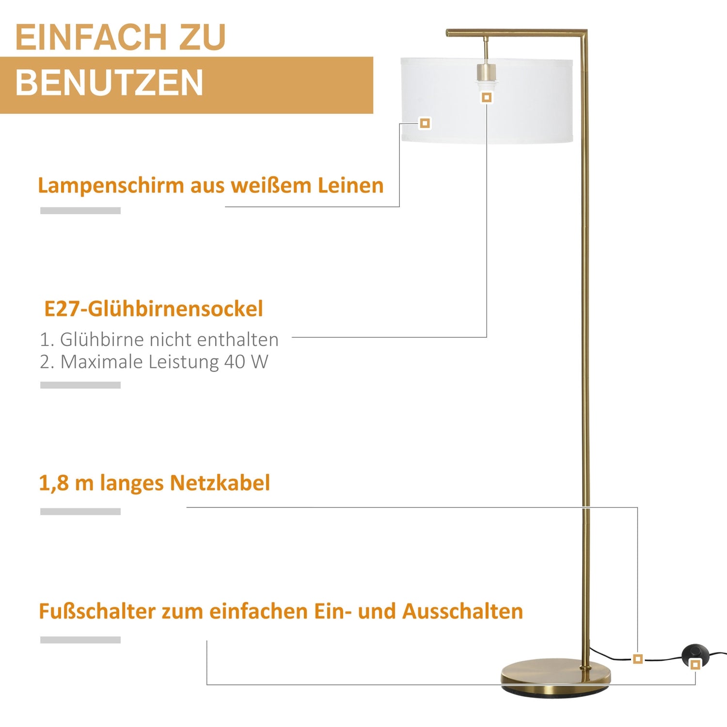 Guld & vit golvlampa, E27 Sockel – stål & linne, 153cm