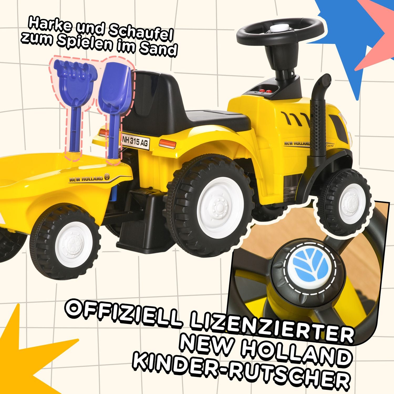 Gul åktraktor med släp och horn för barn