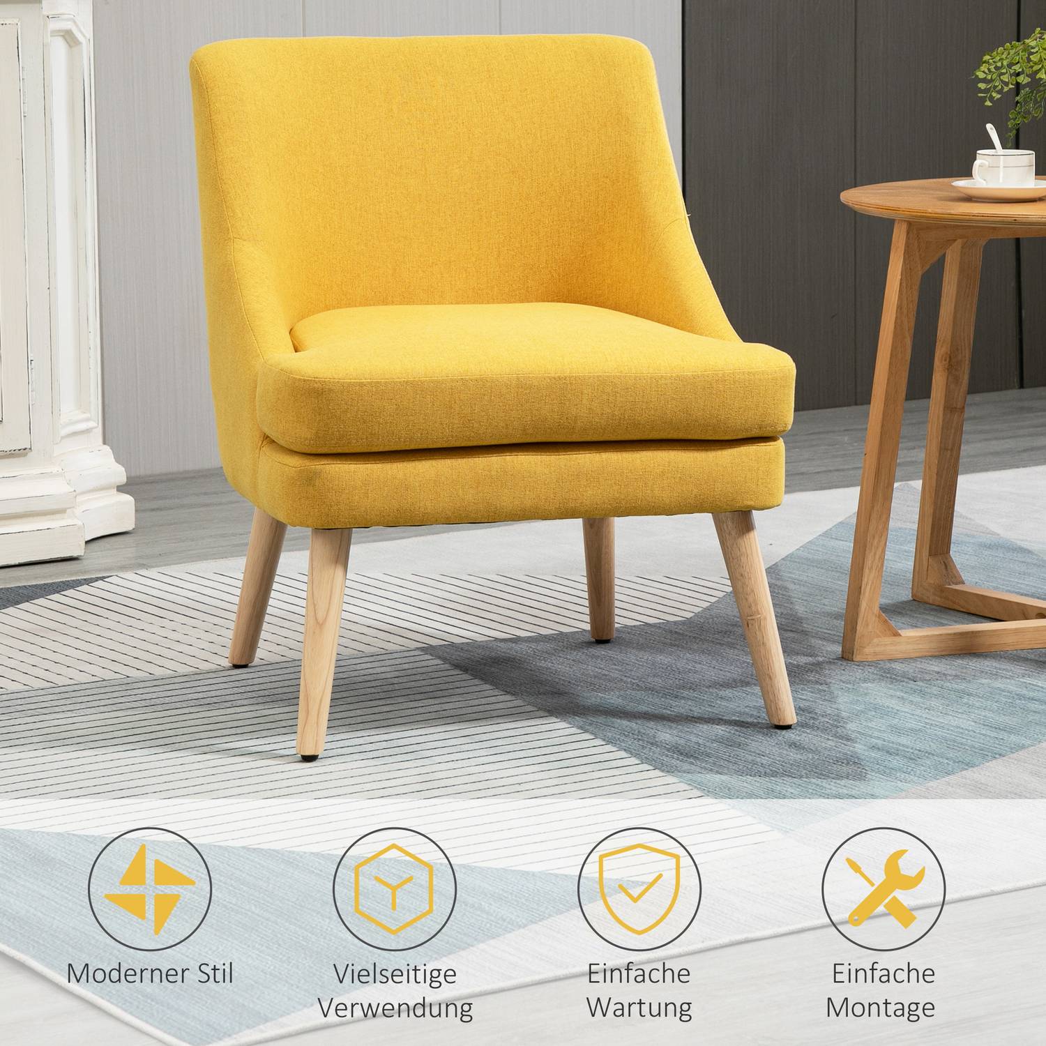 Gul stoppad matstol med armstöd – Linen Touch