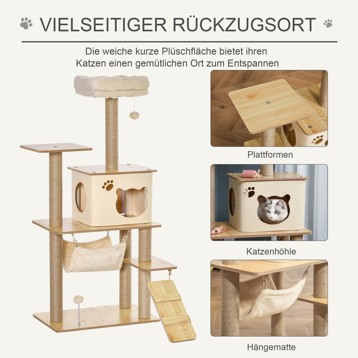 Gult kattträd – skrapstolpe med grotta och leksaker, 60x40x130 cm