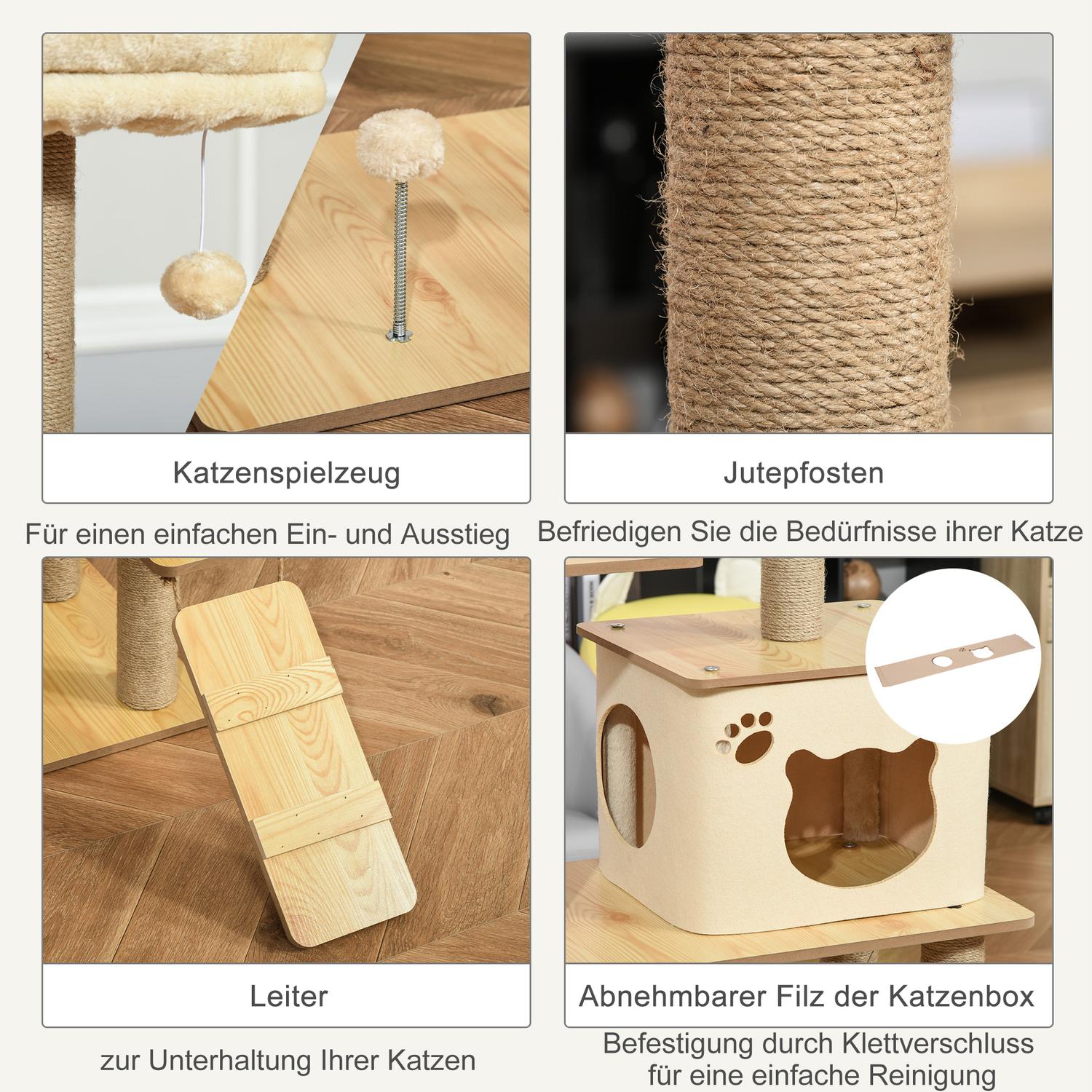 Gult kattträd – skrapstolpe med grotta och leksaker, 60x40x130 cm