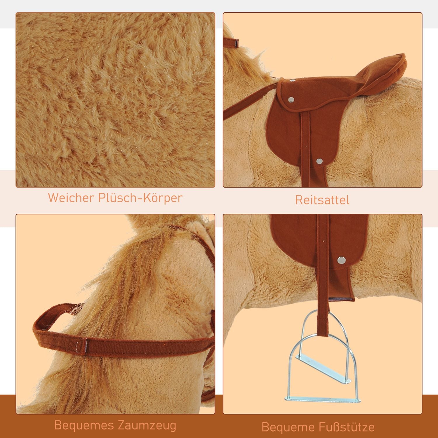 Plysch gunghäst med ljud för barn, Beige, 85 cm