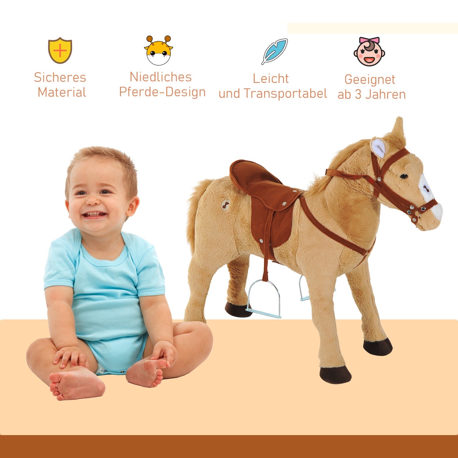Plysch gunghäst med ljud för barn, Beige, 85 cm
