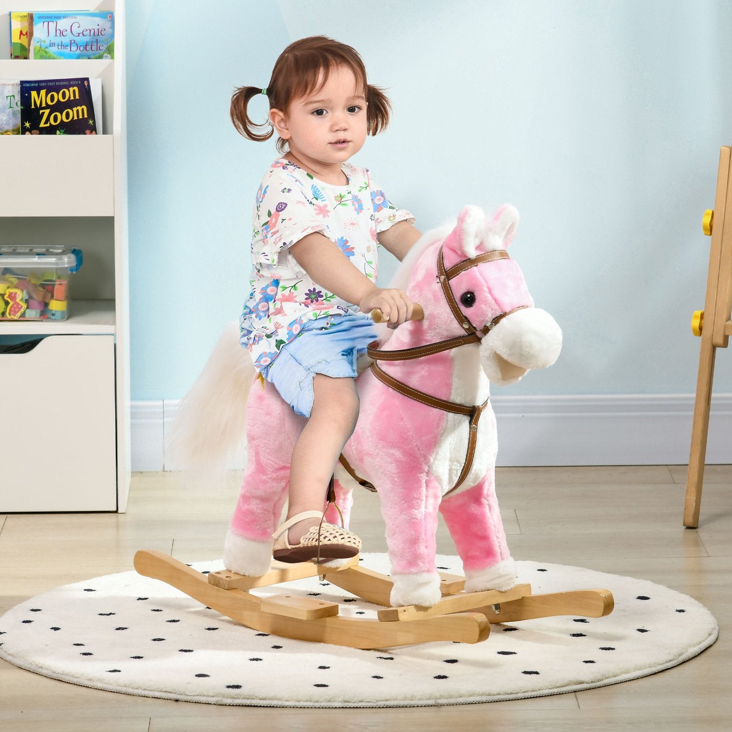 Rosa plysch gunghäst med ljud – 3-6 år, träbas