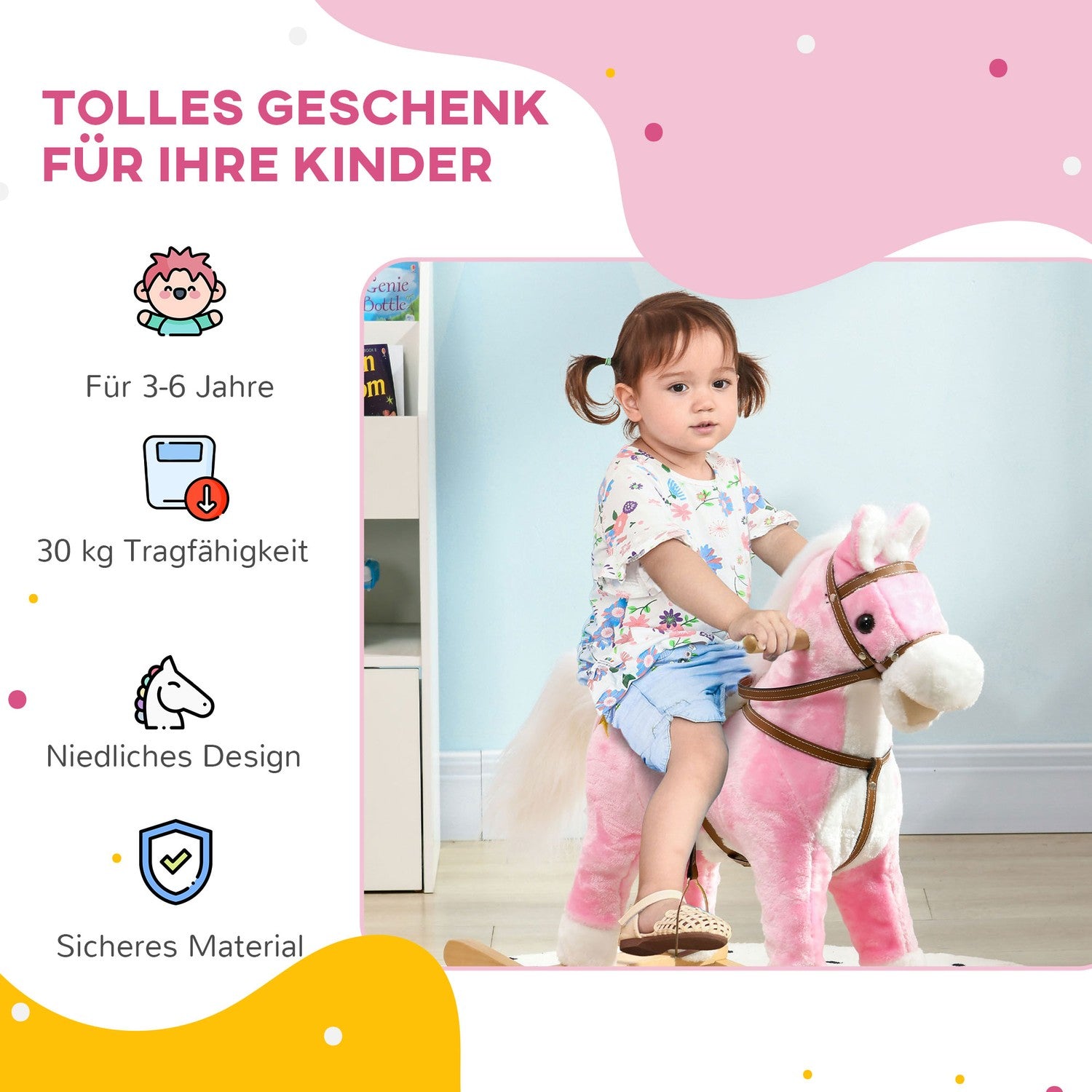 Rosa plysch gunghäst med ljud – 3-6 år, träbas