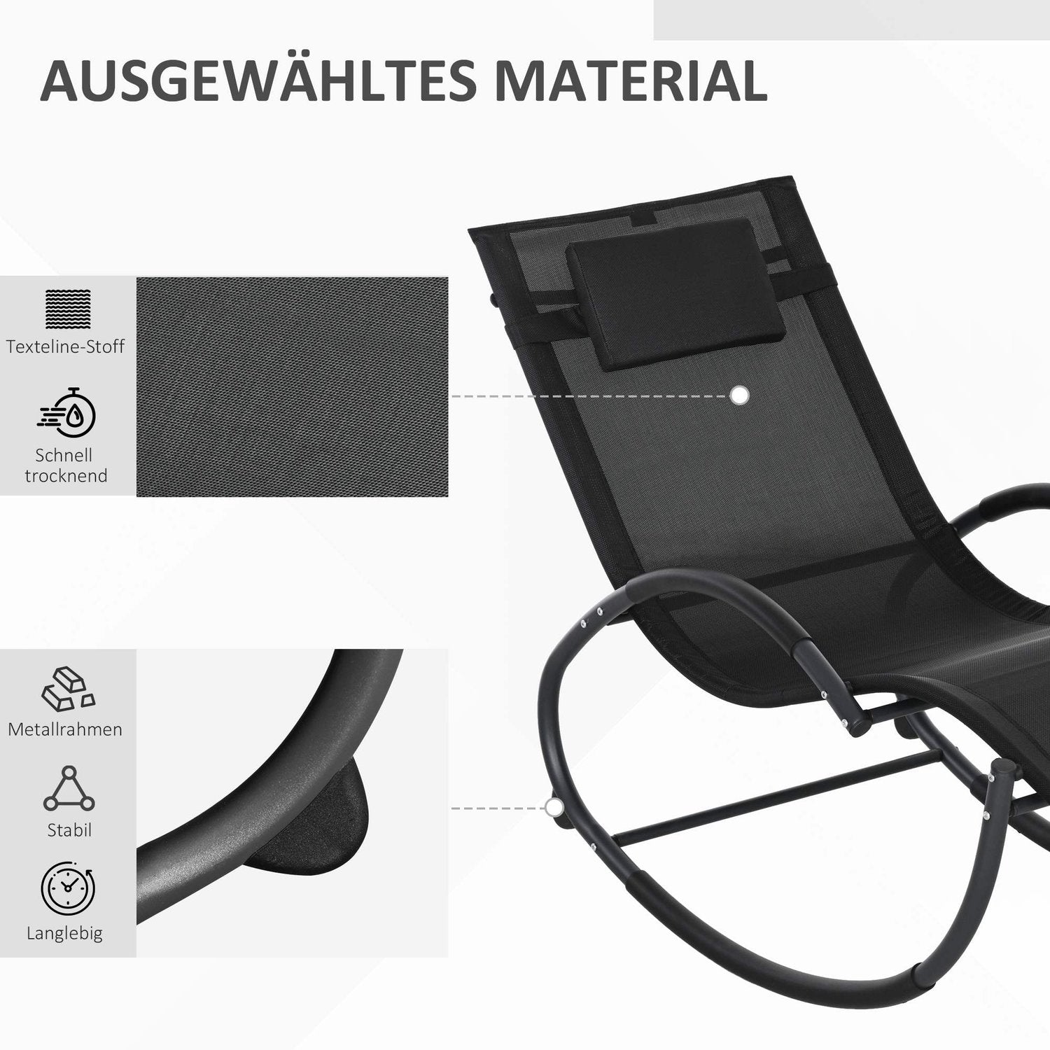 Gungstol med dyna, svart, 155x61x88 Cm