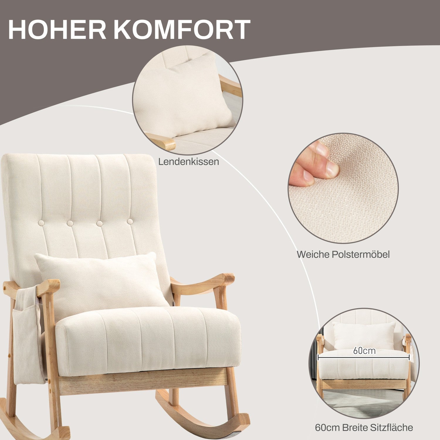 Beige gungstol i linne med svankkudde och ficka